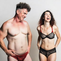 A skinny and effeminate white man wearing a red lace bra and panties, standing confidently