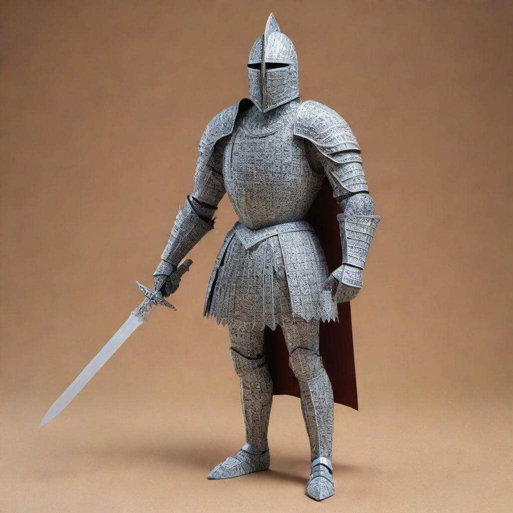 A knight composed of expertly folded paper, armed with a pen as his sword. His armor and weapon have intricate details that highlight their papercraft and writing instrument origins.