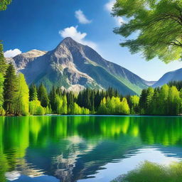 A detailed and vibrant image of a beautiful landscape featuring a serene lake surrounded by lush green trees and majestic mountains under a clear blue sky