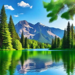 A detailed and vibrant image of a beautiful landscape featuring a serene lake surrounded by lush green trees and majestic mountains under a clear blue sky