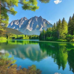 A detailed and vibrant image of a beautiful landscape featuring a serene lake surrounded by lush green trees and majestic mountains under a clear blue sky