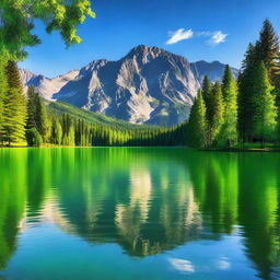 A detailed and vibrant image of a beautiful landscape featuring a serene lake surrounded by lush green trees and majestic mountains under a clear blue sky