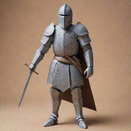 A knight composed of expertly folded paper, armed with a pen as his sword. His armor and weapon have intricate details that highlight their papercraft and writing instrument origins.