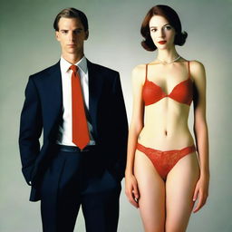 A slender, white man with an effeminate form, wearing a small red lace bra and panties, standing next to his wife who is dressed in a suit and tie