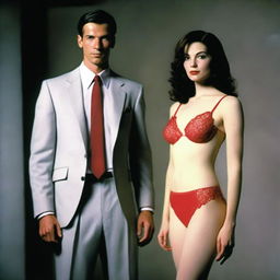 A slender, white man with an effeminate form, wearing a small red lace bra and panties, standing next to his wife who is dressed in a suit and tie