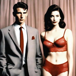 A slender, white man with an effeminate form, wearing a small red lace bra and panties, standing next to his wife who is dressed in a suit and tie