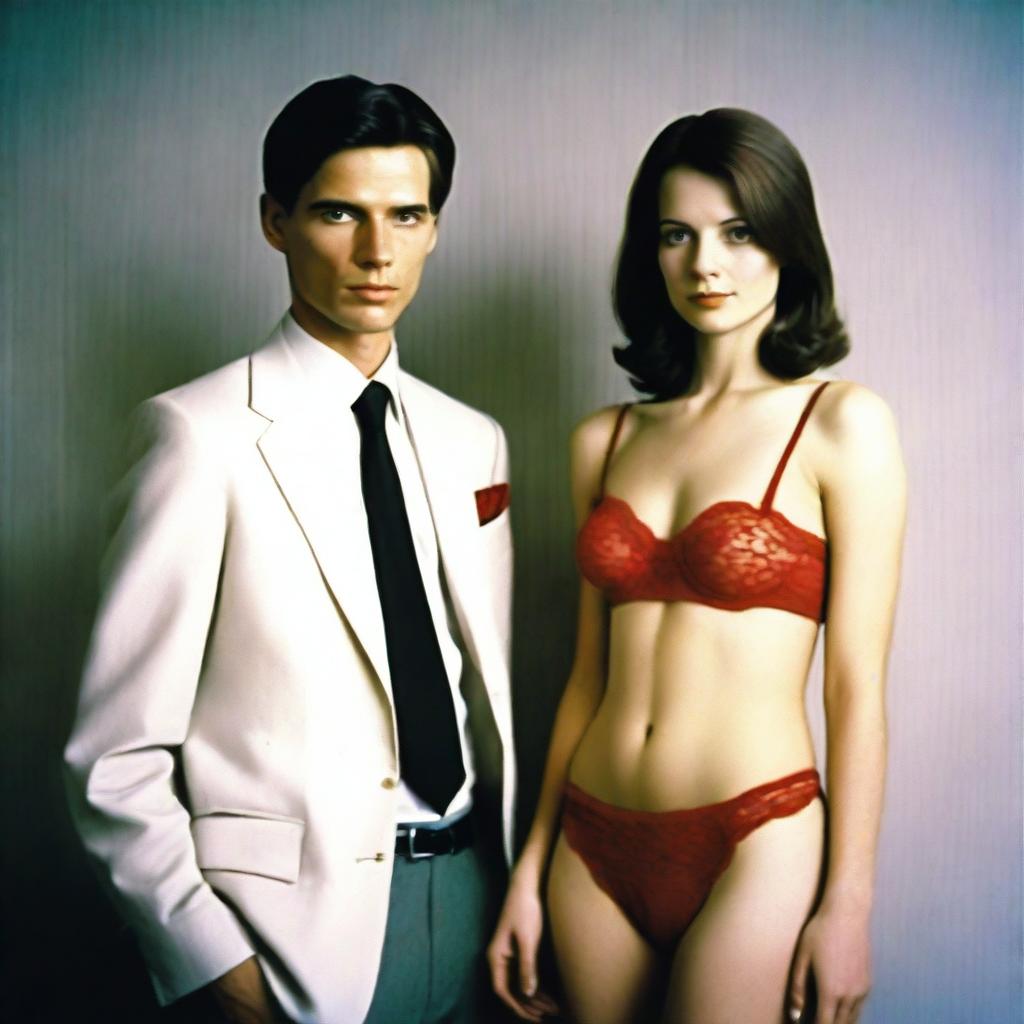 A slender, white man with an effeminate form, wearing a small red lace bra and panties, standing next to his wife who is dressed in a suit and tie