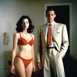 A slender, white man with an effeminate form, wearing a small red lace bra and panties, standing next to his wife who is dressed in a suit and tie