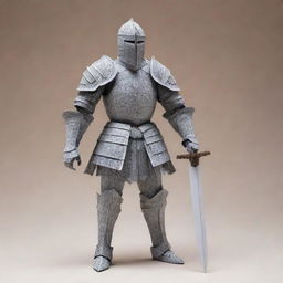 A knight composed of expertly folded paper, armed with a pen as his sword. His armor and weapon have intricate details that highlight their papercraft and writing instrument origins.