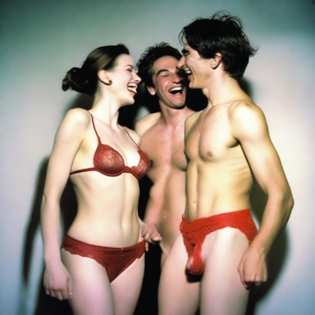 A slender, white man with an effeminate form, wearing a small red lace bra and panties, standing next to his wife who is laughing at him