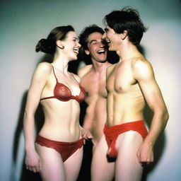 A slender, white man with an effeminate form, wearing a small red lace bra and panties, standing next to his wife who is laughing at him