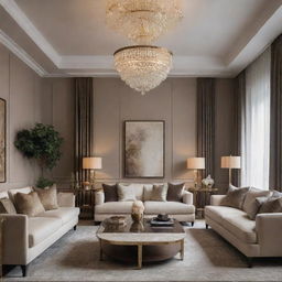 A lavish living room interior design with high-end furniture, rich textures, opulent lighting fixtures, and elegant decor.