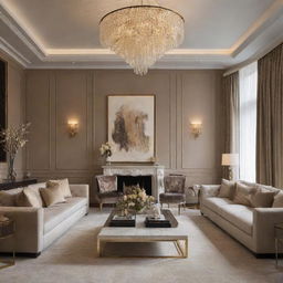 A lavish living room interior design with high-end furniture, rich textures, opulent lighting fixtures, and elegant decor.