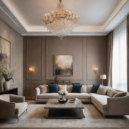 A lavish living room interior design with high-end furniture, rich textures, opulent lighting fixtures, and elegant decor.