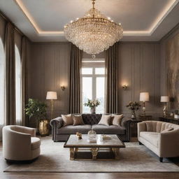 A lavish living room interior design with high-end furniture, rich textures, opulent lighting fixtures, and elegant decor.