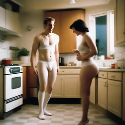 A slender white man with an effeminate appearance is wearing white lingerie, including panties and a bra, and red lipstick