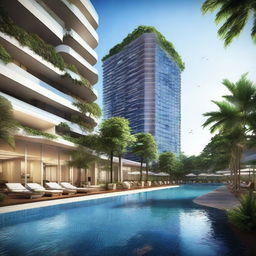 A luxurious urban resort named Azure Urban Resort Residences, featuring modern architecture, lush greenery, and inviting swimming pools