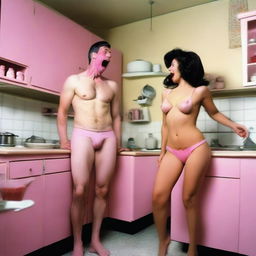 A slender white man with an effeminate appearance is wearing pink lingerie, including panties and a bra, and red lipstick