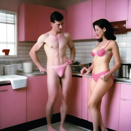 A slender white man with an effeminate appearance is wearing pink lingerie, including panties and a bra, and red lipstick