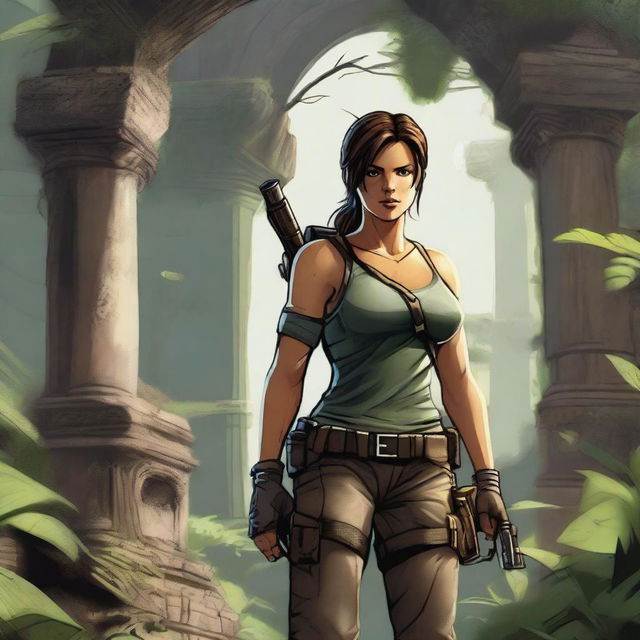 A detailed illustration of Lara Croft, the iconic adventurer from the Tomb Raider series, in her classic outfit with dual pistols