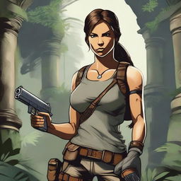 A detailed illustration of Lara Croft, the iconic adventurer from the Tomb Raider series, in her classic outfit with dual pistols