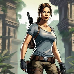 A detailed illustration of Lara Croft, the iconic adventurer from the Tomb Raider series, in her classic outfit with dual pistols