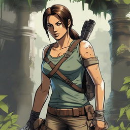 A detailed illustration of Lara Croft, the iconic adventurer from the Tomb Raider series, in her classic outfit with dual pistols