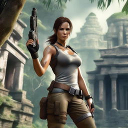 A highly detailed image of Lara Croft, the iconic video game character from Tomb Raider, in an adventurous pose with her dual pistols