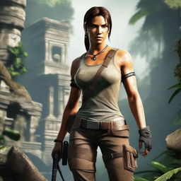 A highly detailed image of Lara Croft, the iconic video game character from Tomb Raider, in an adventurous pose with her dual pistols