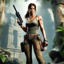 A highly detailed image of Lara Croft, the iconic video game character from Tomb Raider, in an adventurous pose with her dual pistols