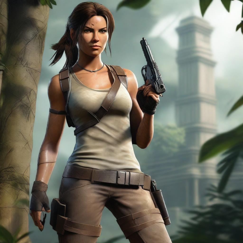 A highly detailed image of Lara Croft, the iconic video game character from Tomb Raider, in an adventurous pose with her dual pistols