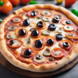 A delicious, cheesy pizza with a variety of toppings including pepperoni, mushrooms, bell peppers, and olives, freshly baked and ready to eat