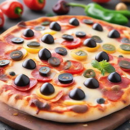 A delicious, cheesy pizza with a variety of toppings including pepperoni, mushrooms, bell peppers, and olives, freshly baked and ready to eat