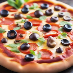 A delicious, cheesy pizza with a variety of toppings including pepperoni, mushrooms, bell peppers, and olives, freshly baked and ready to eat