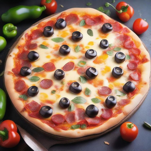 A delicious, cheesy pizza with a variety of toppings including pepperoni, mushrooms, bell peppers, and olives, freshly baked and ready to eat