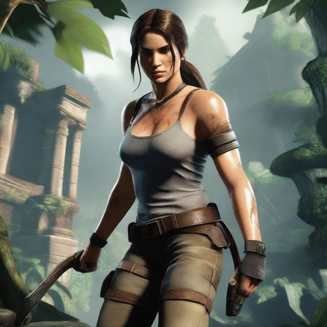 A dynamic and adventurous thumbnail for a Tomb Raider video game, featuring the iconic character Lara Croft in an action pose, with a background of ancient ruins and lush jungle scenery