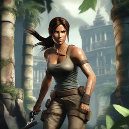 A dynamic and adventurous thumbnail for a Tomb Raider video game, featuring the iconic character Lara Croft in an action pose, with a background of ancient ruins and lush jungle scenery