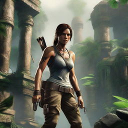 A dynamic and adventurous thumbnail for a Tomb Raider video game, featuring the iconic character Lara Croft in an action pose, with a background of ancient ruins and lush jungle scenery