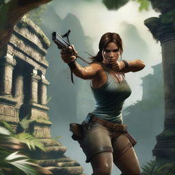 A dynamic and adventurous thumbnail for a Tomb Raider video game, featuring the iconic character Lara Croft in an action pose, with a background of ancient ruins and lush jungle scenery