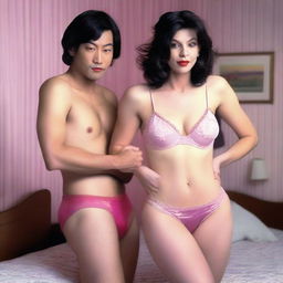 A slender white man with an effeminate, crossdressing appearance is wearing pink lingerie, including panties and a bra, and red lipstick