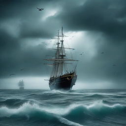 A mysterious and eerie scene of the Bermuda Triangle, with turbulent waters, dark stormy skies, and ghostly ships appearing through the mist