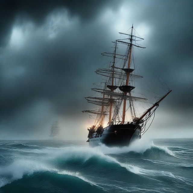 A mysterious and eerie scene of the Bermuda Triangle, with turbulent waters, dark stormy skies, and ghostly ships appearing through the mist