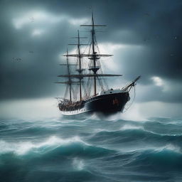 A mysterious and eerie scene of the Bermuda Triangle, with turbulent waters, dark stormy skies, and ghostly ships appearing through the mist