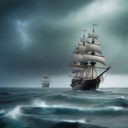 A mysterious and eerie scene of the Bermuda Triangle, with turbulent waters, dark stormy skies, and ghostly ships appearing through the mist