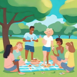 A vibrant and lively scene featuring a group of friends enjoying a sunny day at the park