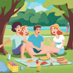 A vibrant and lively scene featuring a group of friends enjoying a sunny day at the park