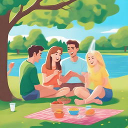 A vibrant and lively scene featuring a group of friends enjoying a sunny day at the park