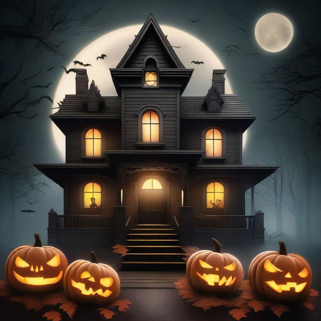 A spooky Halloween scene featuring a haunted house with glowing windows, carved pumpkins with eerie faces, flying bats, and a full moon in the background