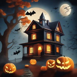 A spooky Halloween scene featuring a haunted house with glowing windows, carved pumpkins with eerie faces, flying bats, and a full moon in the background