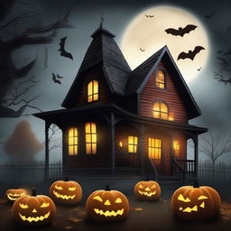 A spooky Halloween scene featuring a haunted house with glowing windows, carved pumpkins with eerie faces, flying bats, and a full moon in the background